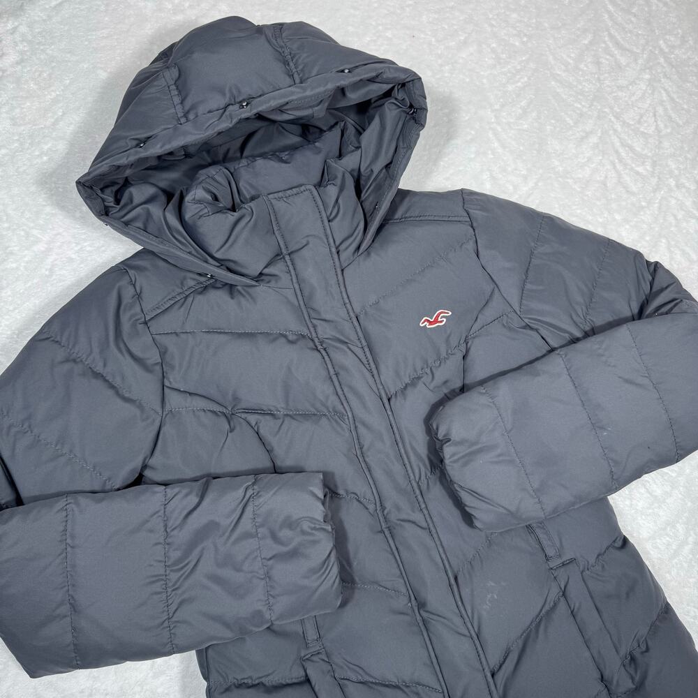 Hollister Puffer Jacket Womens M Gray Hooded Chevron Quilted Down Fill Outerwaer